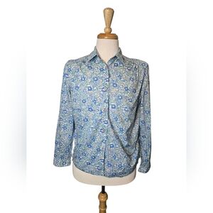 Vintage Avoca Collection Irish Floral 80s 90s Shirt Blue Green Cottagecore 14